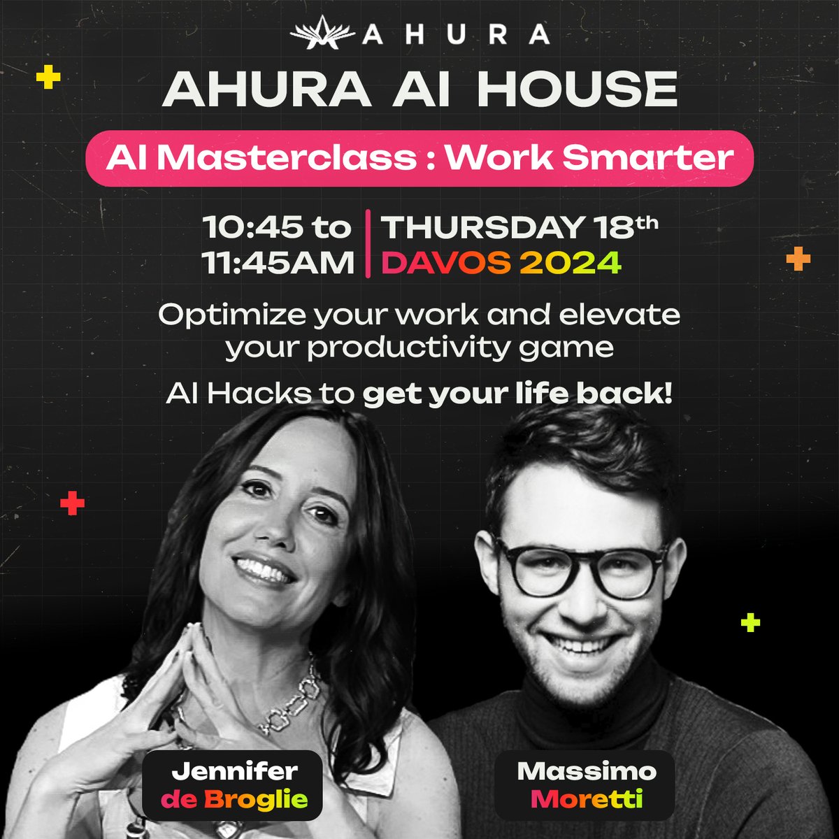 #WEF2024  #AI PRODUCTIVITY Masterclass
AI hacks &amp; tools to work smarter and get some time back in your life :) Join Massimo Moretti and me at the <a href="/AhuraAi/">Ahura AI</a>  House this Thursday morning !

Seats limited, so register ASAP : lu.ma/mwoh06jr to begin using AI #LikeABoss  😎