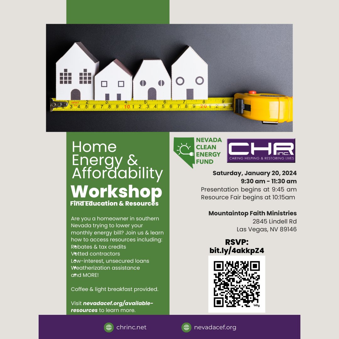 🏡  Southern Nevada homeowners! Looking for ways to lower your energy bill? Join <a href="/Inc_chr/">CHR, Inc</a> and <a href="/NevadaCEF/">Nevada Clean Energy Fund (NCEF)</a> for a Home Energy and Affordability Workshop on Saturday, January 20. Save your seat to learn about rebates, tax credits, and low-interest loans: bit.ly/4akkpZ4