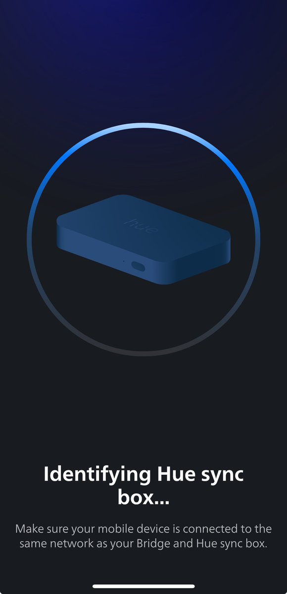itsalexlamb's tweet photo. @tweethue Hi! I’ve had a stable connection with my sync box within the Hue app for months, but suddenly couldn’t connect. Removed box from bridge, factory reset and started afresh, but now I can’t seem to get past this screen during the set up? It endlessly loops. Any help? https://t.co/y2gYtB46sV