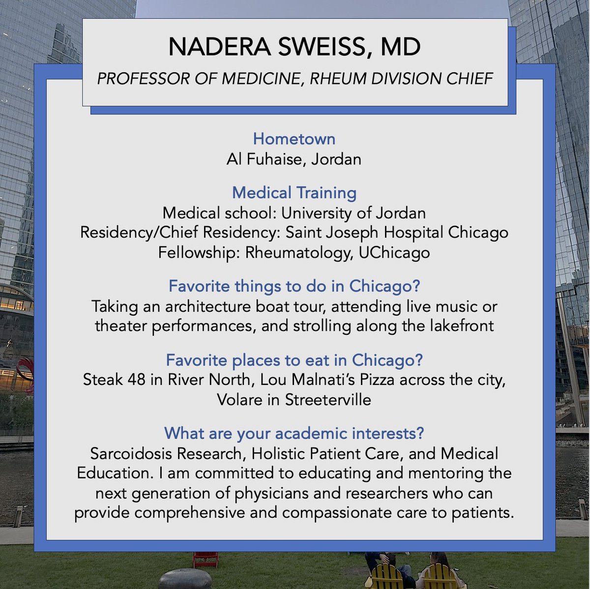 This week's Faculty spotlight: Nadera Sweiss! #GoFlames #UICIM
