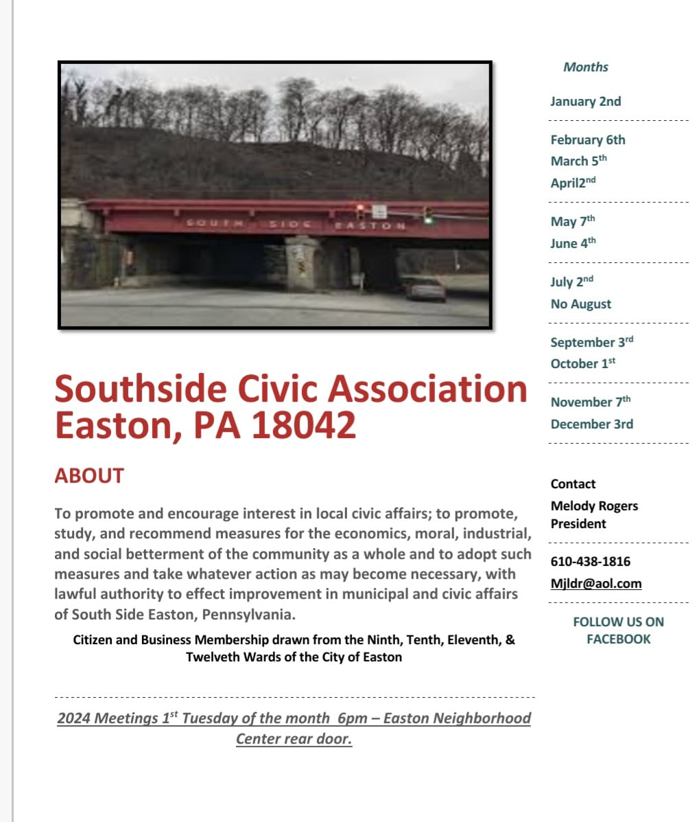 Live or work in South Side #EastonPA? Then plan to attend the South Side Civic Association's monthly meetings at the Neighborhood Center.