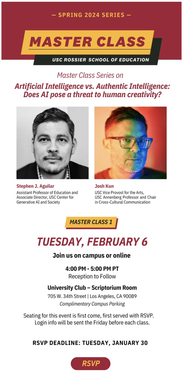 Will AI lead us towards a utopian dream or a dystopian nightmare? Who knows? I'm not here to answer that question. Instead, join @JDKun and me this Spring as we discuss AI, education, and human creativity during @USCRossier's Master Class series! rossier.wufoo.com/forms/w1g1hdwh…