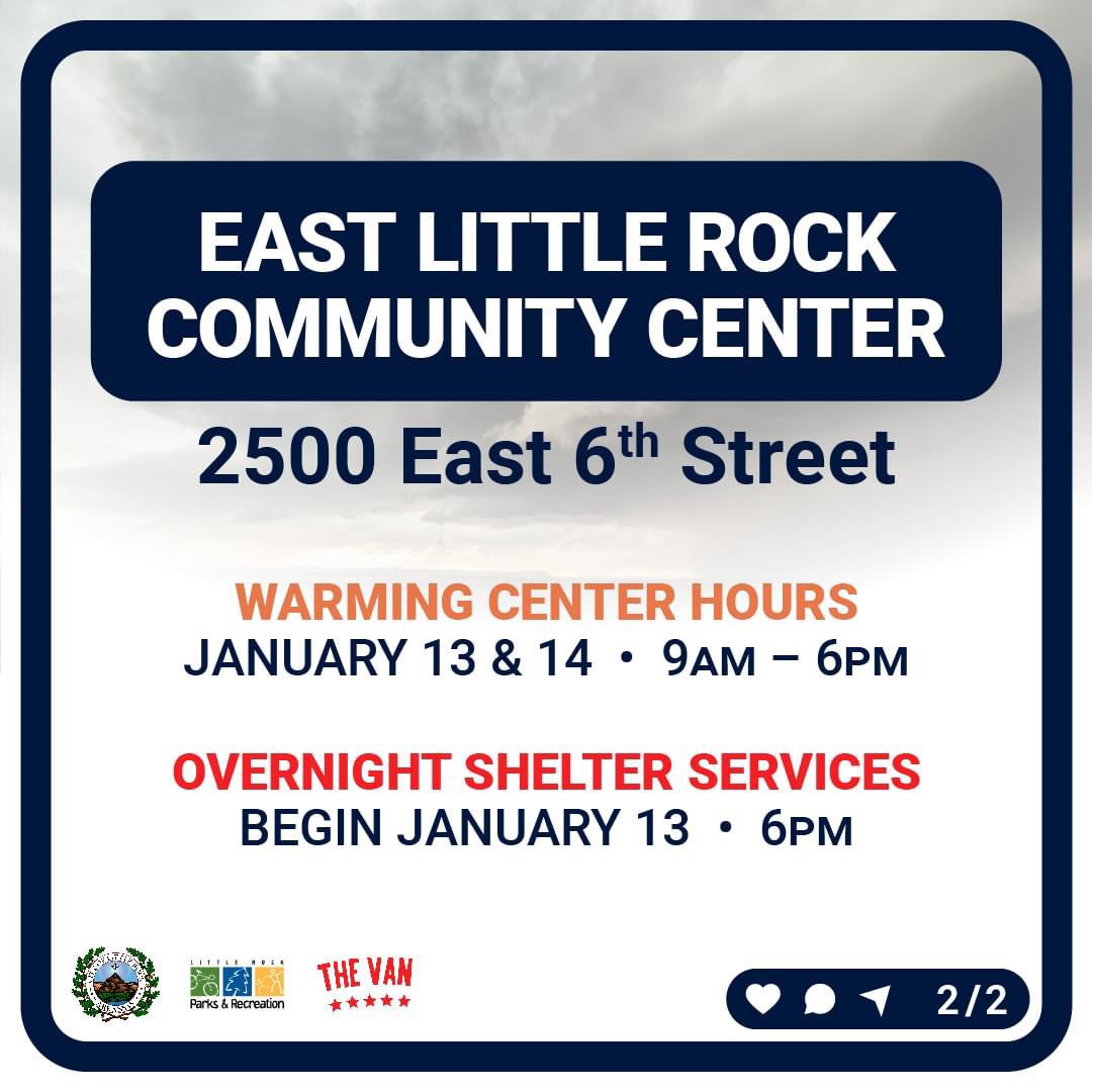 LITTLE ROCK EXTREME COLD WEATHER RESOURCES:

The City of Little Rock, in partnership with The Van, has worked to provide a warm and safe space for unsheltered residents. @ARfromAR 

Starting Saturday, January 13 at 6 PM, East Little Rock Community Center will extend services