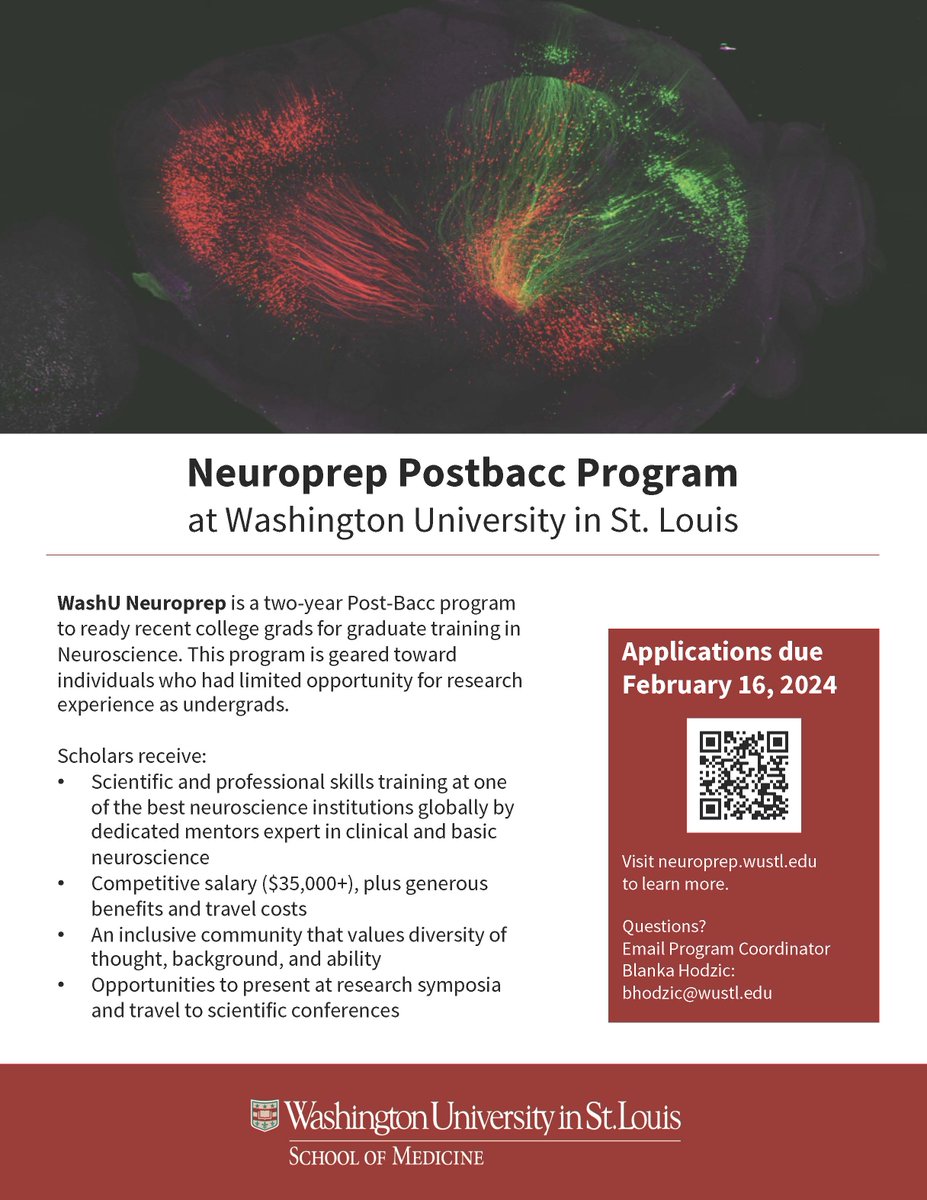 Our Neuroprep postbacc program at WashU is now accepting applications. Deadline is Feb 16. Please apply! This is an outstanding opportunity to gain research experience in neuroscience in one of the top institutions. neuroprep.wustl.edu