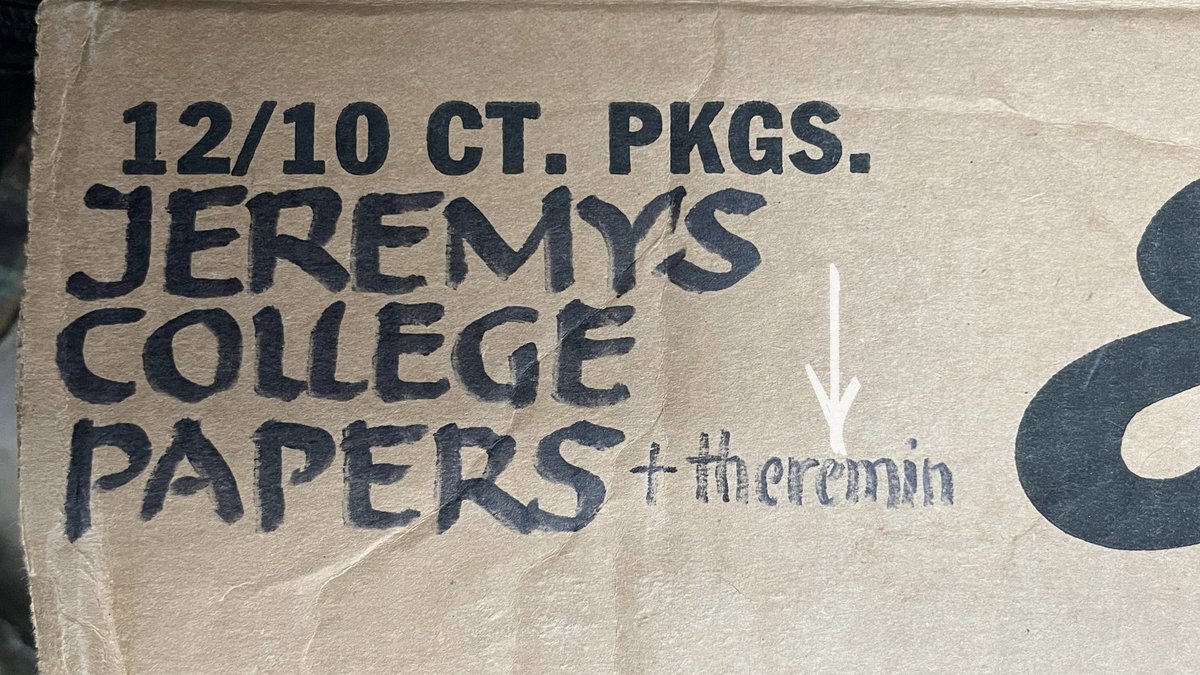 botts_jeremy's tweet image. Moving to a new studio after 14 years has unearthed all sorts of things. Logo sketches, woodcut block from my brother (I cut one on the other side), and a box of my “college papers+theremin” #logodesign #chicagodesigner #theremin #chicagoartist #woodcut