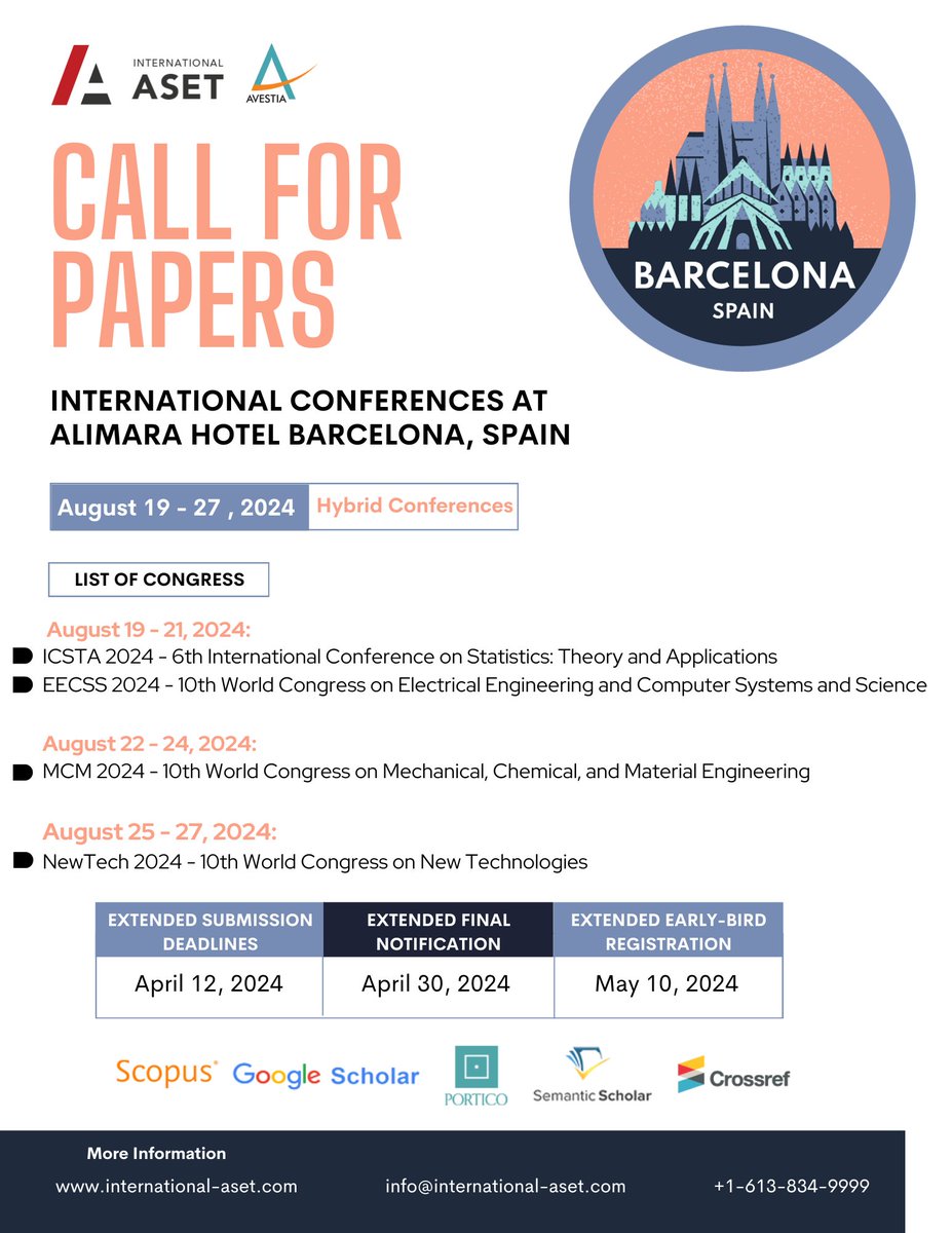 ASET_INC's tweet photo. For more information: https://t.co/g3zQw7QvVa

#ICSTA24 #EECSS24 #MCM24 #NewTech24 #BarcelonaConference #Statistics #ElectricalEngineering #ComputerScience #MechanicalEngineering #ChemicalEngineering #MaterialEngineering #NewTechnologies #InternationalASET #Avestia https://t.co/WwtDOa76ME