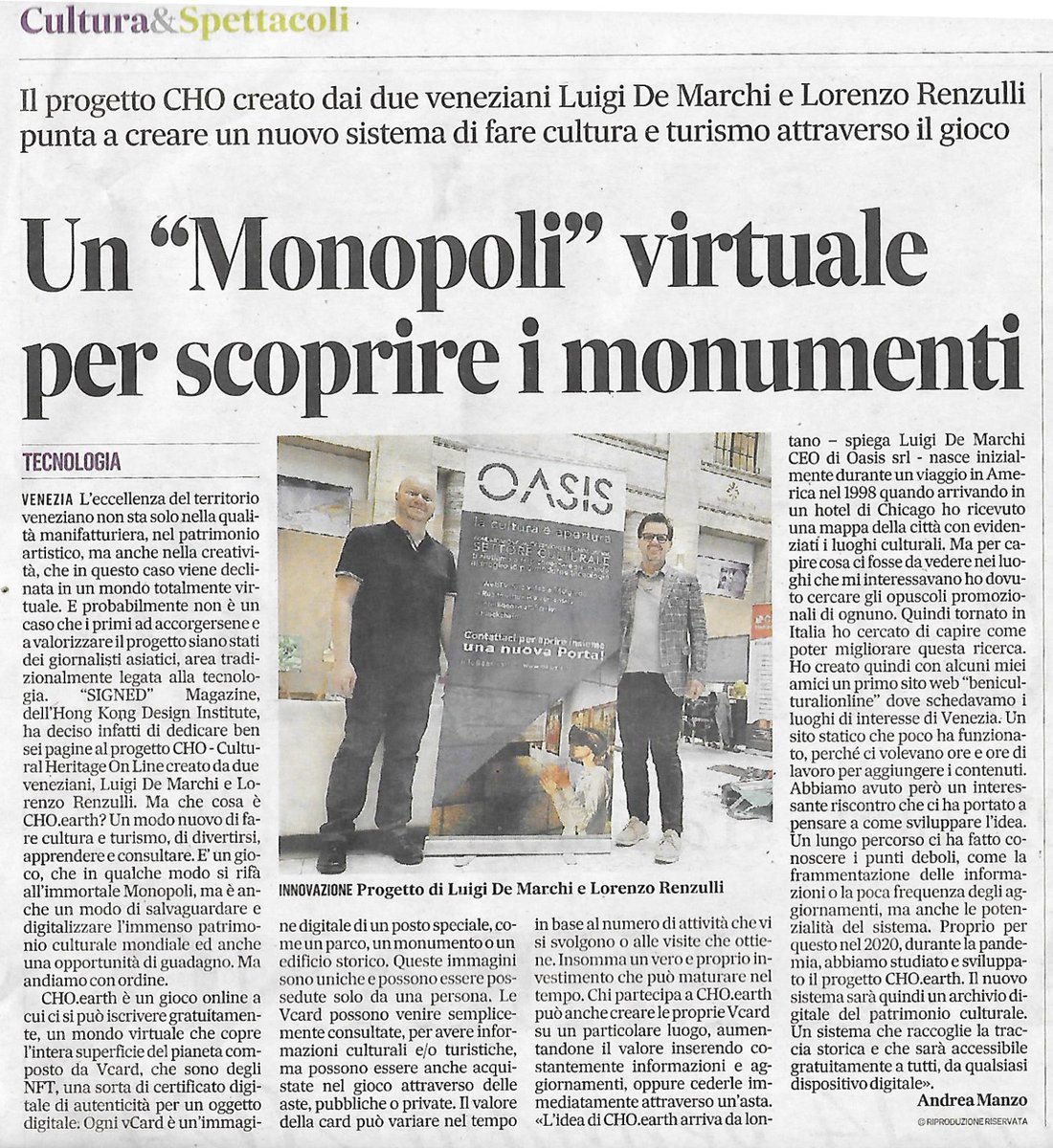 oasissrl's tweet photo. Il @Gazzettino di oggi parla di Oasis Srl e del progetto dei suoi visionari fondatori @choearth1 https://t.co/CnQq0fI07o