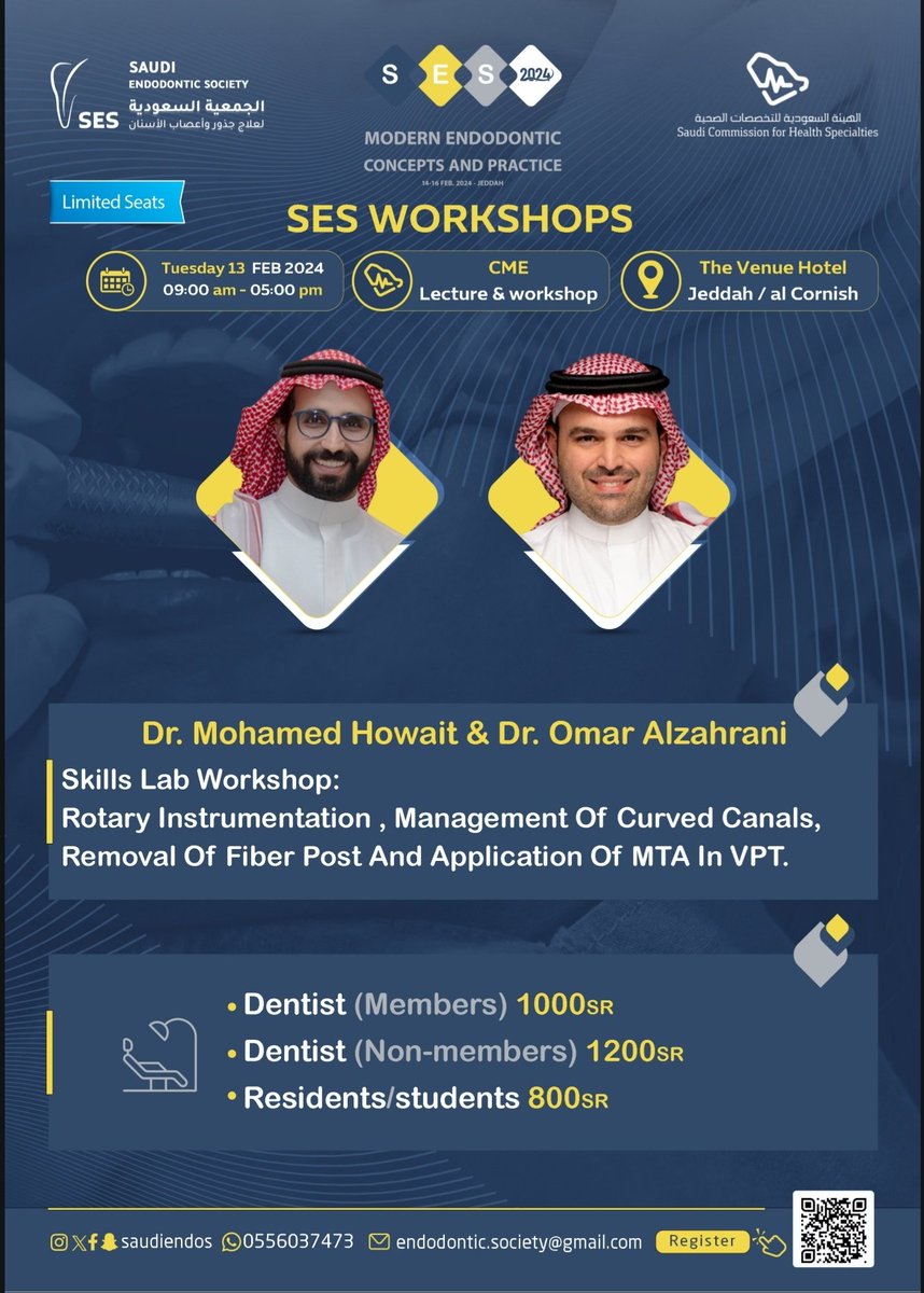 SaudiEndoS's tweet photo. يسر الجمعية السعودية لعلاج جذور وأعصاب الأسنان دعوتكم للتسجيل في ورشة عمل بعنوان

Skills Lab Workshops:
Rotary instrumentation, management of curved canals, removal of fiber post and application of MTA.

13 Feb, The Venue Hotel, Jeddah

*Limited seats available * https://t.co/e9dAPKLoAe
