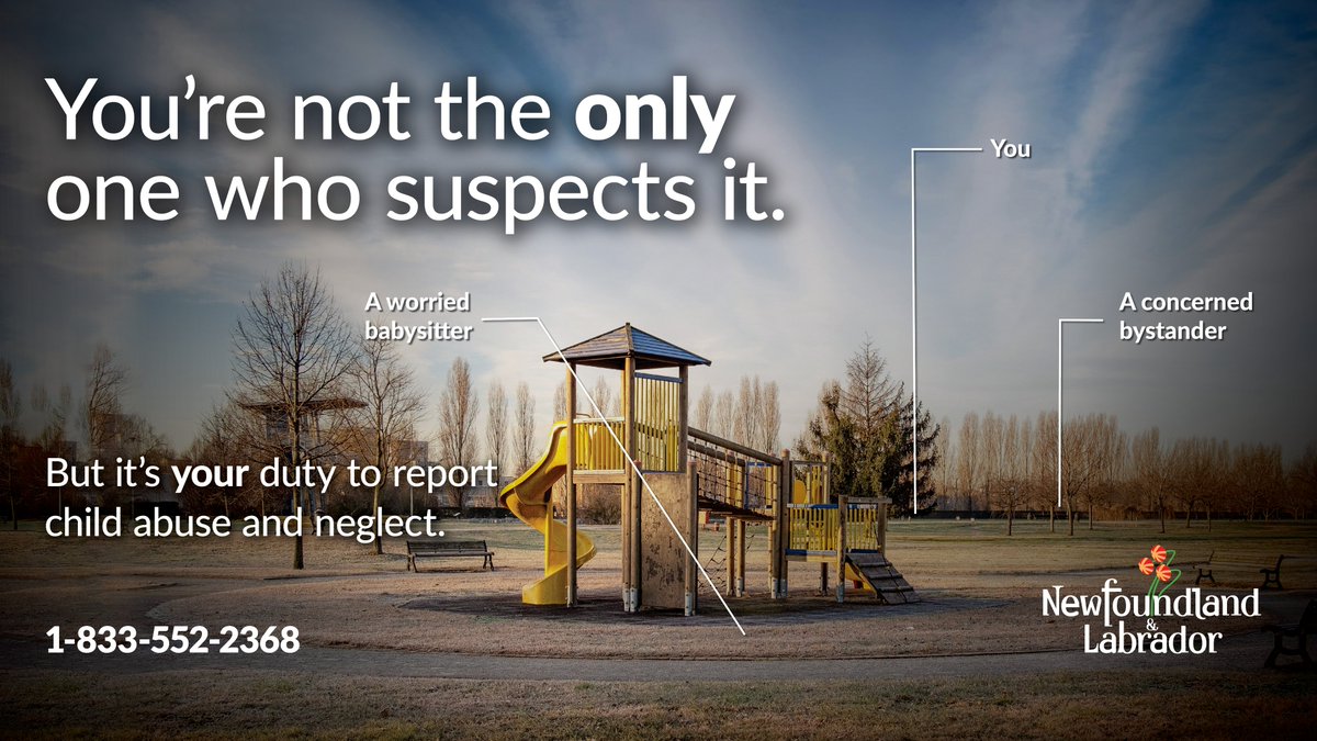 SSWB_GovNL's tweet photo. Do you know what to do when you suspect a child or a youth is being abused or neglected? Report it. Call 1-833-552-2368 to make a confidential report. 
Learn more: https://t.co/6Mpxf14Ovk #GovNL https://t.co/D303WZXfia