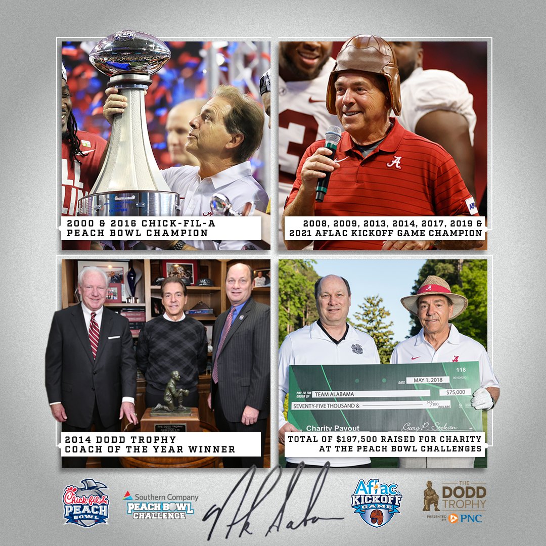 An attitude of gratitude to our friend Coach Saban for your friendship, support & on a legendary career 🐐 He was 2-0 in our Chick-fil-A Peach Bowl, 7-0 in our @AflacKickoff, the 2014 @DoddTrophy Coach of the Year award winner, and a participant in our Peach Bowl Golf Challenge.