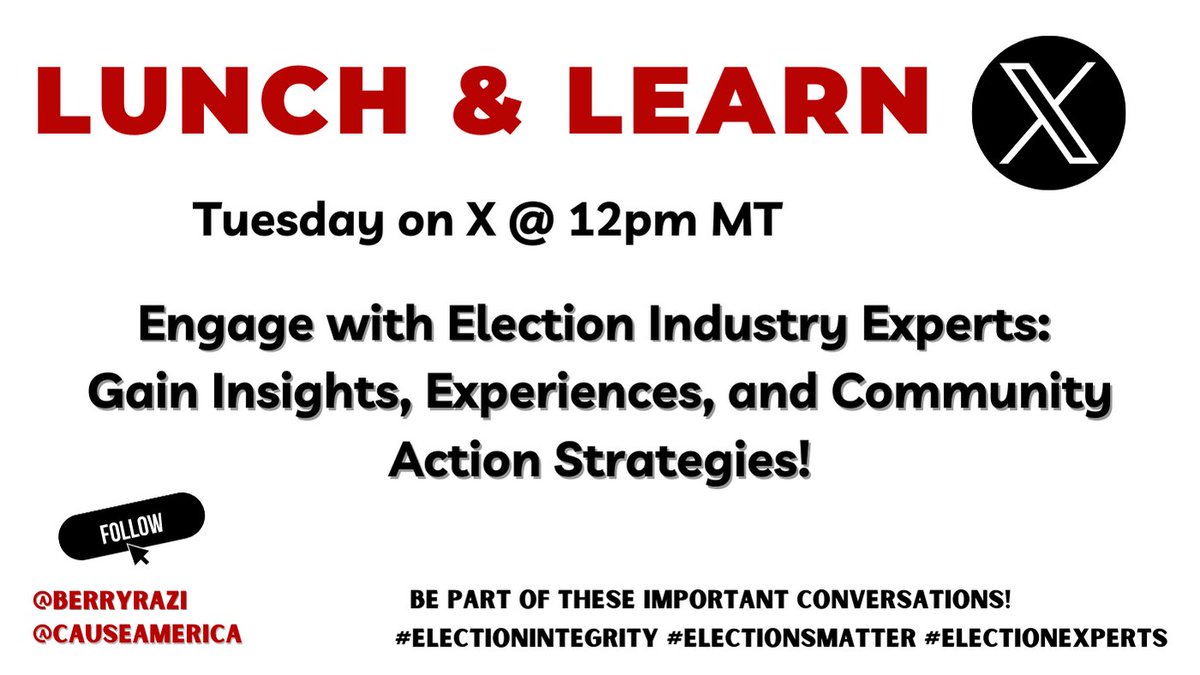 CauseAmerica's tweet photo. 🚨Join us every Tuesday at 12pm MT with @BerryRazi
for all things election integrity! We host Lunch & Learns and cannot wait for Tuesday, 1/16 here on X!
🇺🇸
#electionintegrity #elections #electionexperts #election2020 #election2024 https://t.co/8DSkkUOEdq