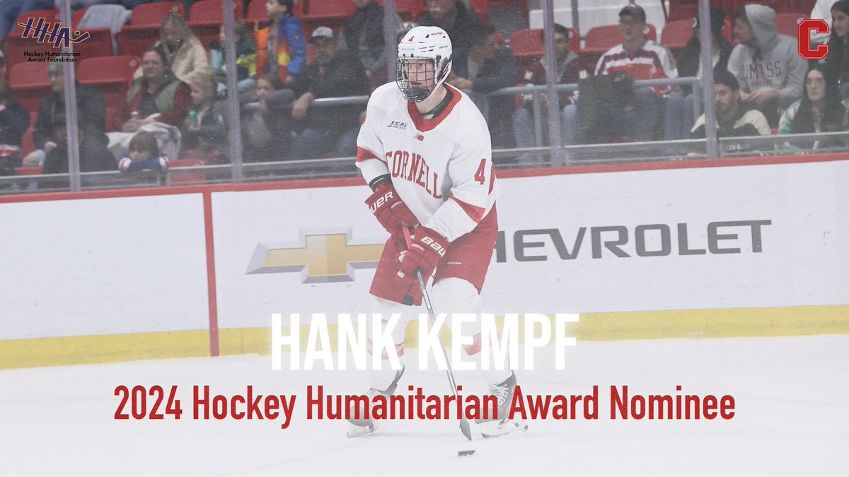 Junior @CornellMHockey defenseman Hank Kempf is one of 18 nominees for the 2024 Hockey Humanitarian Award, as announced by the @HHA_Foundation. Congrats, Hank❗️ 📰: cornellbigred.com/news/2024/1/17… #YellCornell