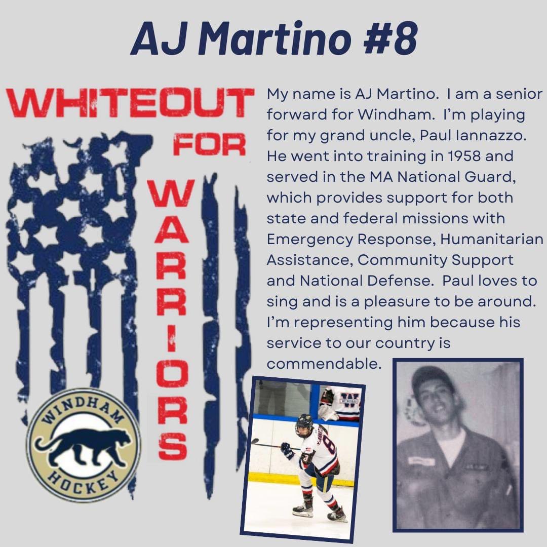 The Whiteout for Warriors game is January 20. All Londonderry and Windham players will wear a customized jersey honoring a veteran of their choice. Today we have Windham senior AJ Martino. #highschoolhockey #military #militaryappreciation
