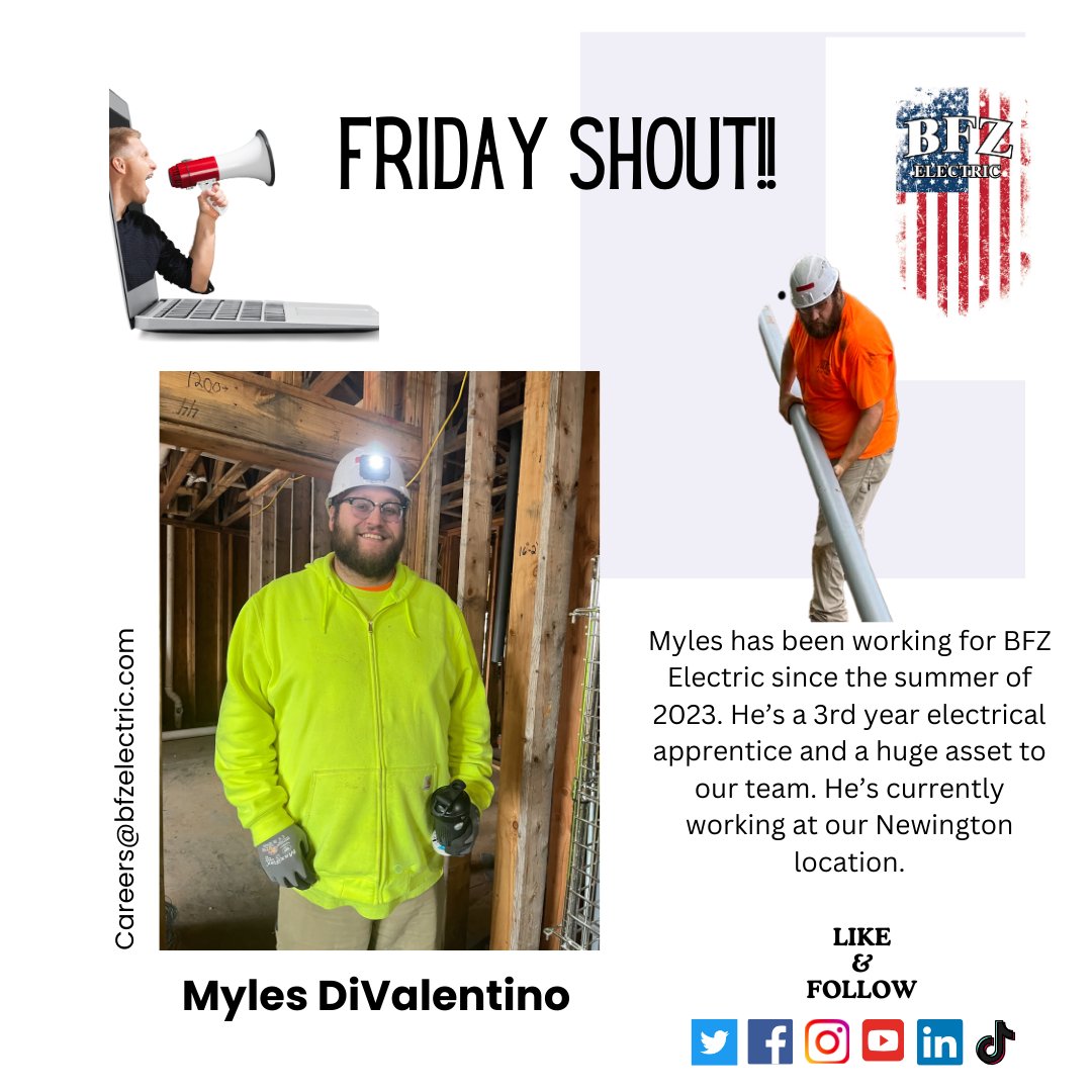 BFZelectric's tweet image. Today we shout out Myles DiValentino. Enjoy the weekend #electrcians
