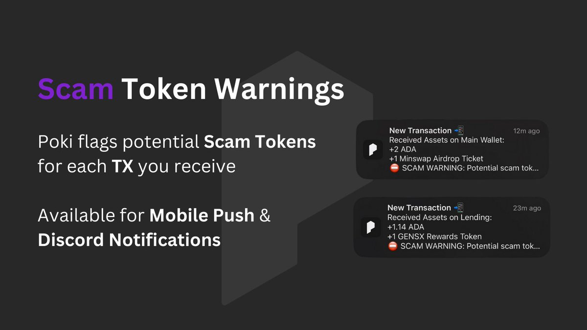 PokiPortfolio's tweet photo. Scam Token Warnings 🚨

Poki Mobile Push Notifications & Discord Notifications for incoming transactions now flag potential Scam Tokens as you receive them in your wallet. 

Stay vigilant, #Cardano fam.

$ADA