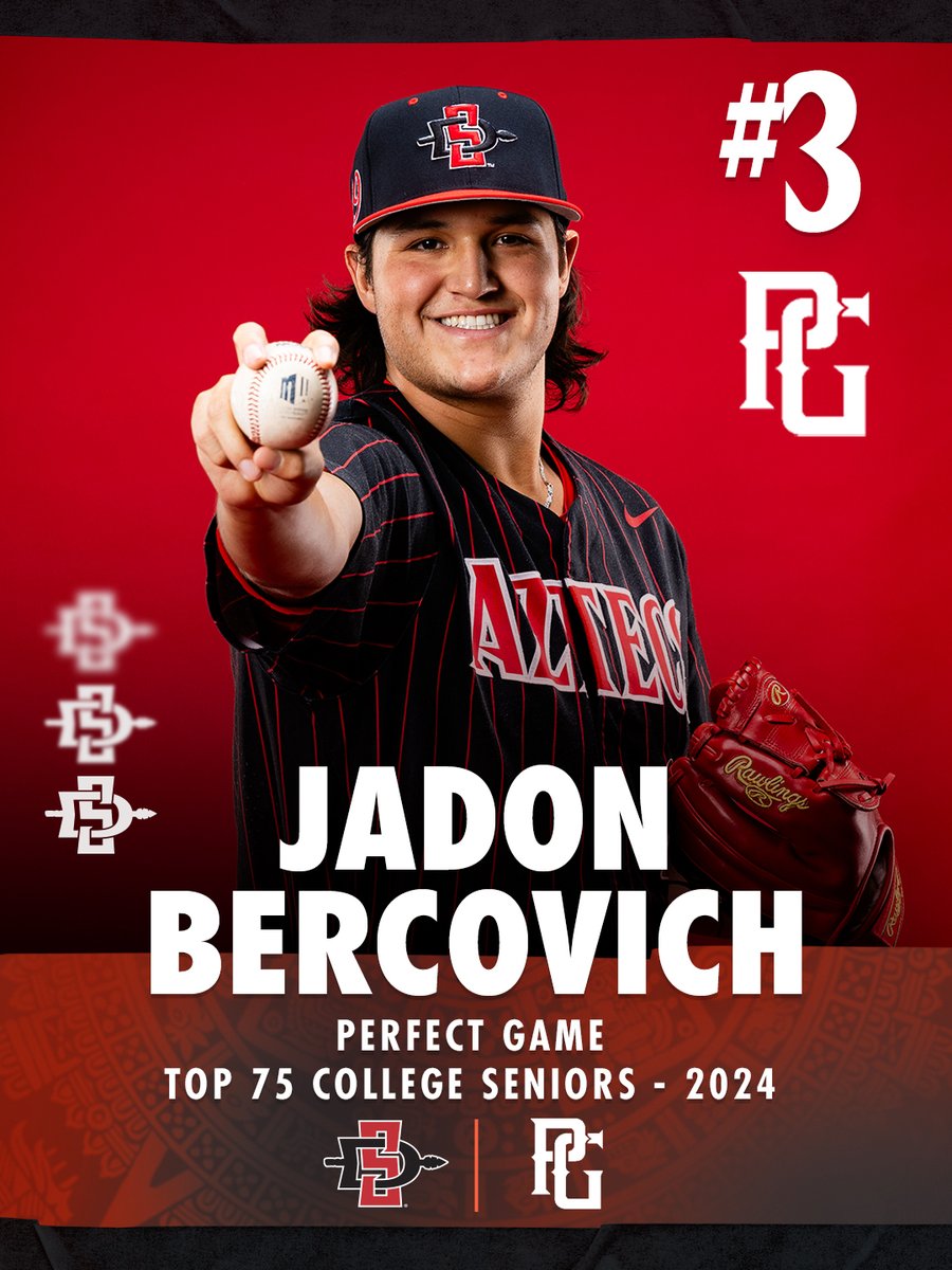 Shout out to Jadon Bercovich (@jadonbercc), who was ranked No. 3 on @PerfectGameUSA's Top 75 list of college seniors in advance of the 2024 campaign. Congrats, Jadon! #GoAztecs