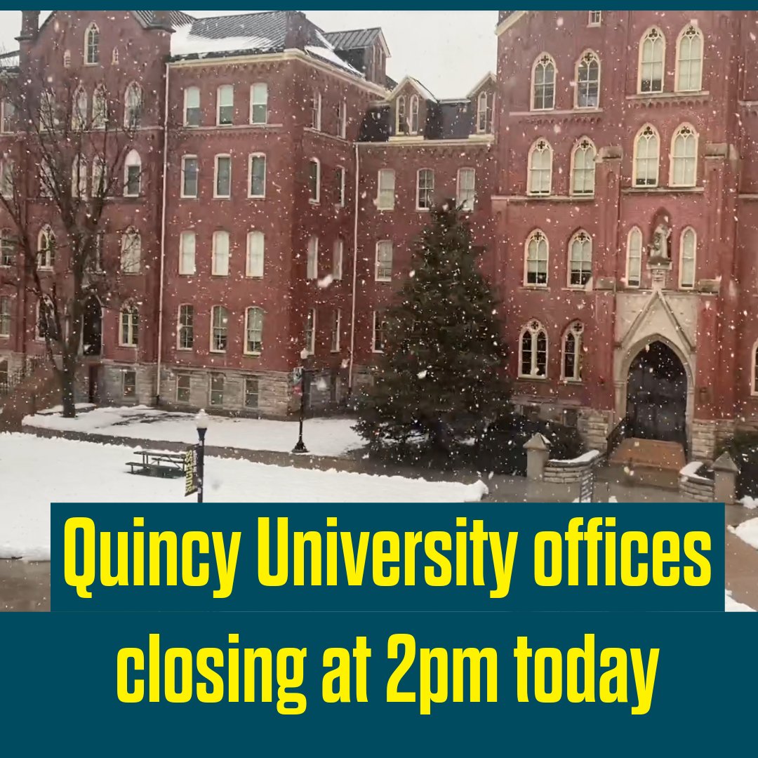 Quincy_U's tweet image. Quincy University administrative offices will close to the public today at 2 pm due to impending weather.  The HFC will be open for normal operating hours.  #QuincyUniversity #winteralert