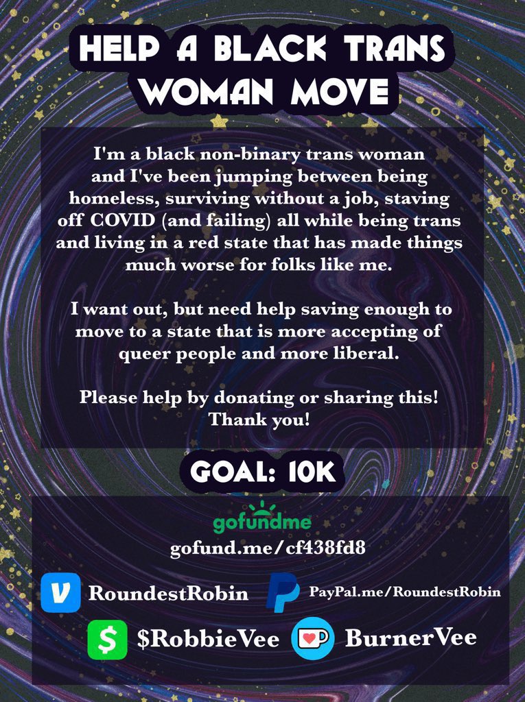 BurnerVeeDos's tweet photo. I’m a black trans woman who needs funds in order to move from a very dangerous and transphobic state! Please consider dropping a donation because every little bit helps! I’ll be homeless if I don’t make this goal.

Short term goal: 950/2070

Long term goal: 950/10,000

https://t.co/It7LPDsfhN

Thank you!

#help #mutualaid