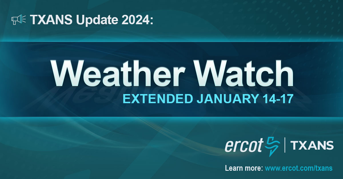 ERCOT_ISO's tweet image. TXANS Update—January 12, 2024: ERCOT has updated the Weather Watch to include January 14, due to the cold weather moving in earlier. The ERCOT Weather Watch, now for January 14-17, was issued due to extreme cold weather across the ERCOT region, higher electrical demand, and the…