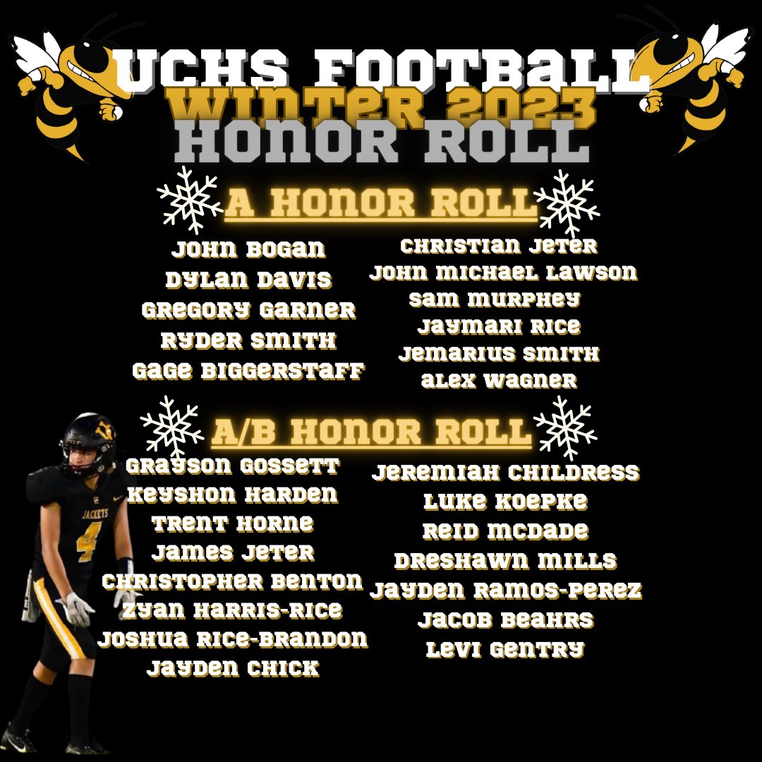 Congratulations to the Jacket Football Players that are on the 2nd 9 Weeks Honor Roll.
#UCHome #StudentAthlete