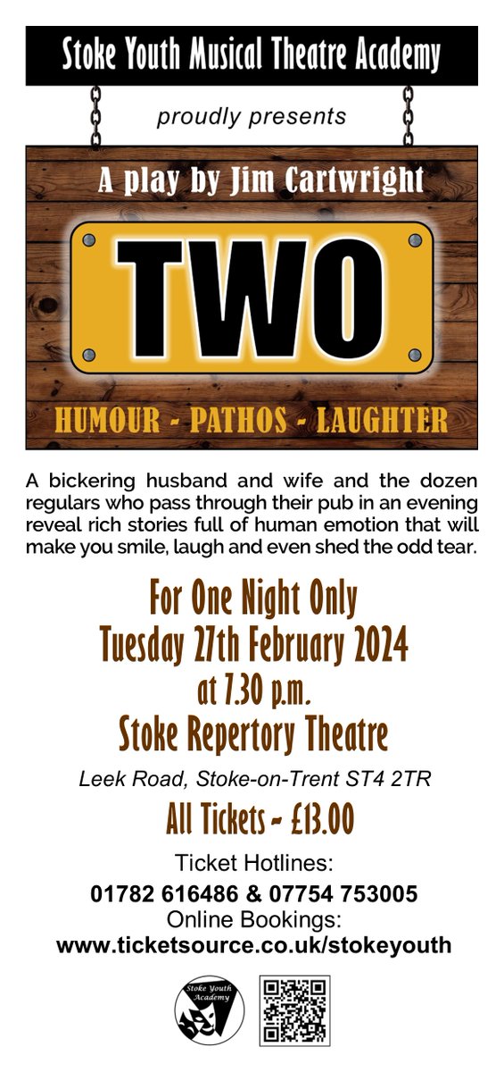 StokeYouth's tweet photo. We are proud to announce that Stoke Youth Musical Theatre Academy's senior acting group will be presenting the Jim Cartwright plat 'TWO' at the end of February at Stoke Repertory Theatre.
In this our 45th year, this will be Stoke Youth's first ever play. https://t.co/MBGp5vXkzZ