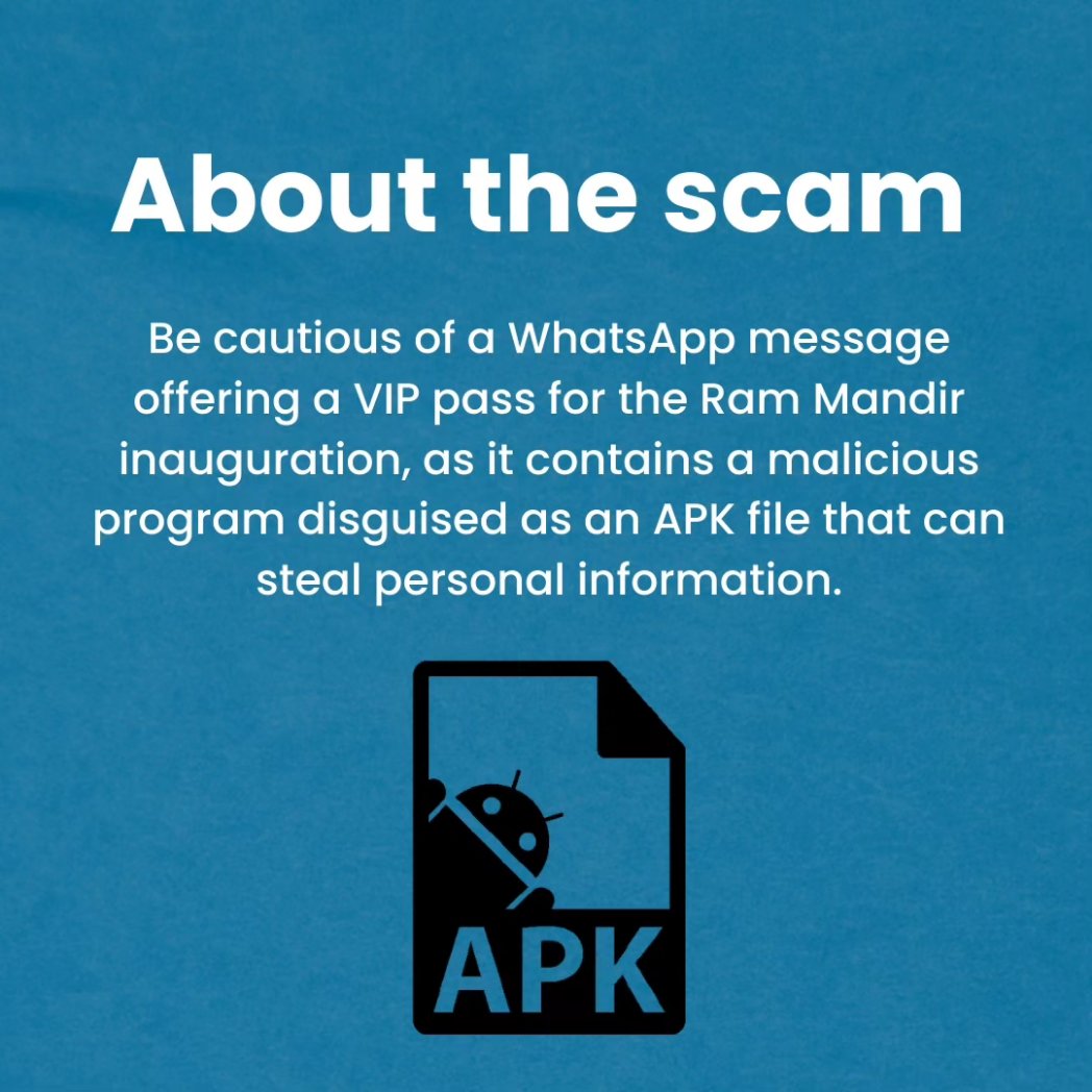 vfixurpc's tweet photo. Beware!⚠️

WhatsApp messages about VIP entry in Ram Mandir are a scam
.
.

#vfixurpc #laptoprepairs #apk #virus #rammandirayodhya #cybersecurityawareness #Cybersecurity #shareandaware #cybercrime #rammandirscam #malwarealert #RamMandir https://t.co/u3pu2YPmdn
