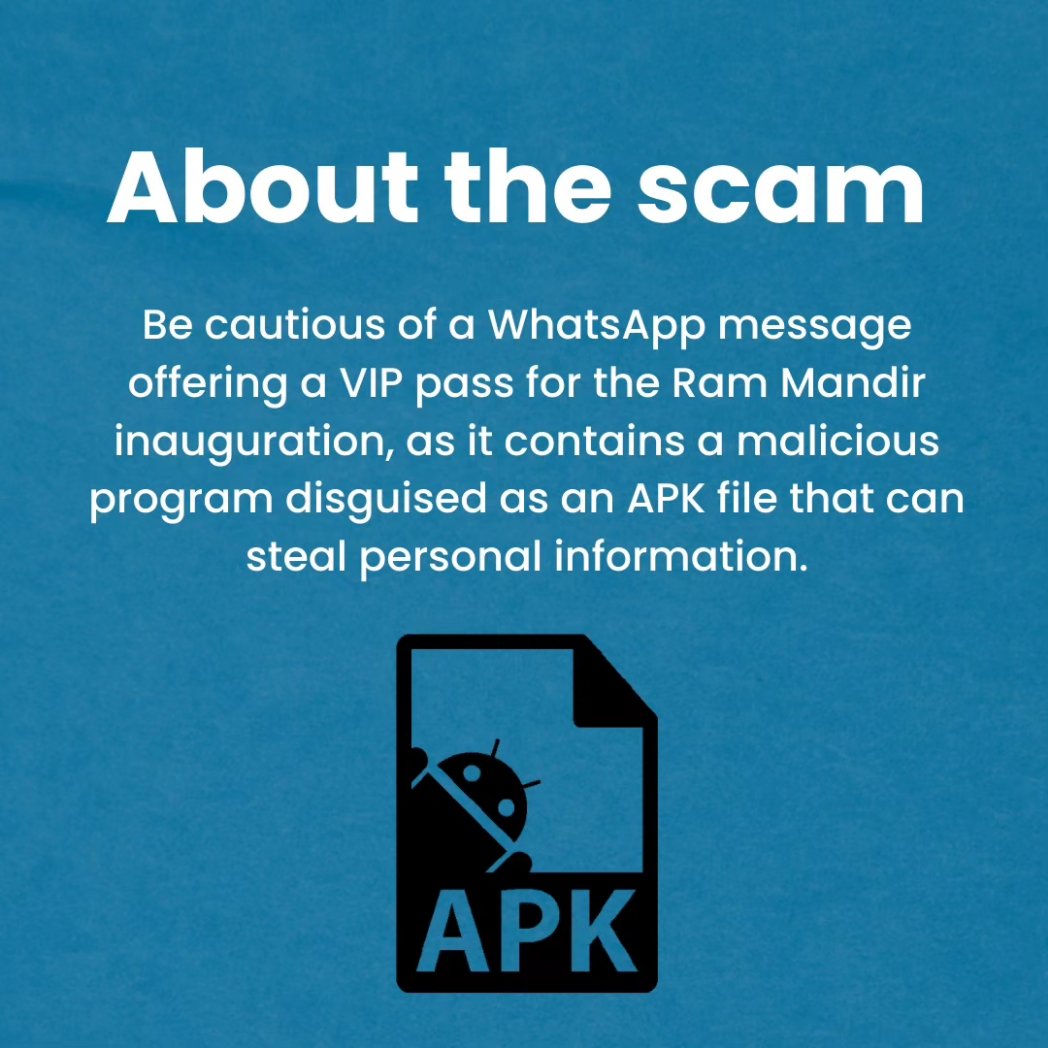 Beware!⚠️

WhatsApp messages about VIP entry in Ram Mandir are a scam
.
.

#vfixurpc #laptoprepairs #apk #virus #rammandirayodhya #cybersecurityawareness #Cybersecurity #shareandaware #cybercrime #rammandirscam #malwarealert #RamMandir