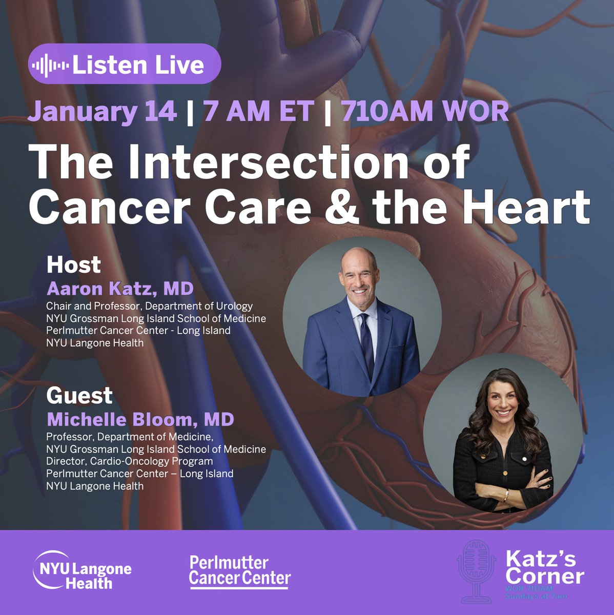 A specialist in the field of #CardioOnc, our Dr. Michelle Bloom (@DrMishBloom) will join @NYULangoneLI's @RadioDoctorKatz this Sunday, 1/14, to discuss #hearthealth management in cancer care. Tune in live at 7 am on WOR 710AM, or listen here: ihr.fm/3ENmtu2