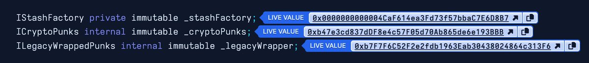 backseats_eth's tweet image. New on @ContractReader: Immutable Value Support!

Immutables are values passed into the contract&apos;s constructor that are immediately assigned to storage variables and never change.

Now they&apos;re decoded and displayed just like other live  onchain values!

(link in next tweet)