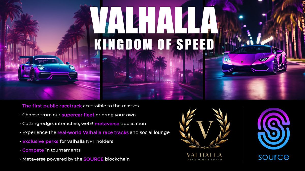 SourceProtocol_'s tweet photo. Announcing our partnership with #Valhalla  Kingdom of Speed. It is the first public racetrack accessible to the masses. They will be building a cutting edge #metaverse application accessible from the #SourceWorld metaverse hub. 
All NFTs will be powered by the $SOURCE blockchain https://t.co/S3kWSjzejL