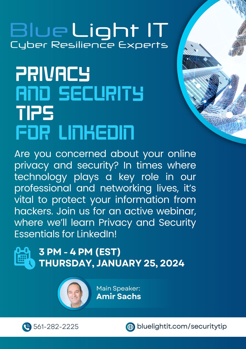 bluelightit's tweet photo. Join cybersecurity expert Amir Sachs in our upcoming webinar on Thursday, January 25th at 3pm EST. Gain valuable insights into privacy and security settings for LinkedIn. Don't miss out on securing your online presence – Register here
https://t.co/FSeXD1OG2b
#LinkedIn #Webinar https://t.co/4psqnDrbkn