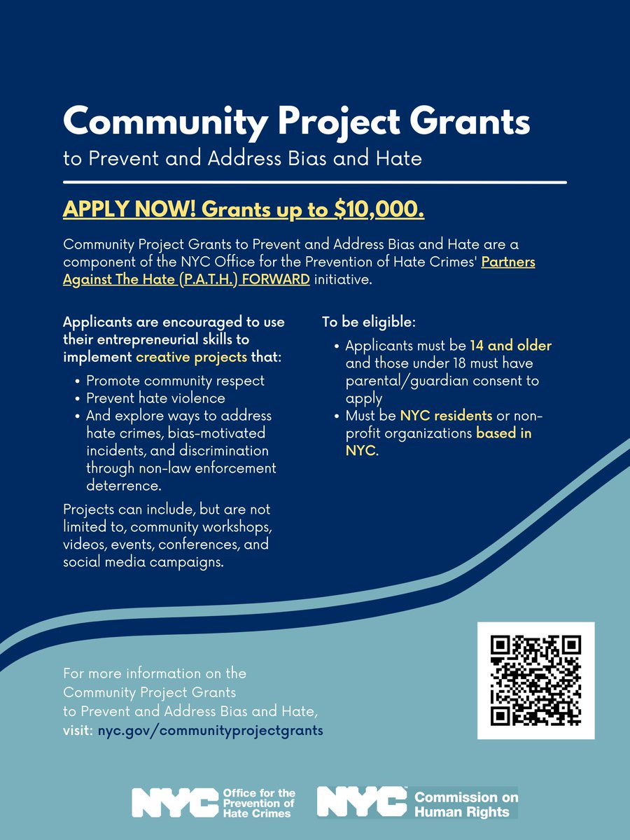 APPLY NOW for @stophatenyc and @NYCCHR's 2024 Community Project Grants to Prevent and Address Bias and Hate! We are funding up to $10K for creative projects around community respect, bias, hate, and discrimination. Deadline is this Weds, 1/17! More at: nyc.gov/communityproje…