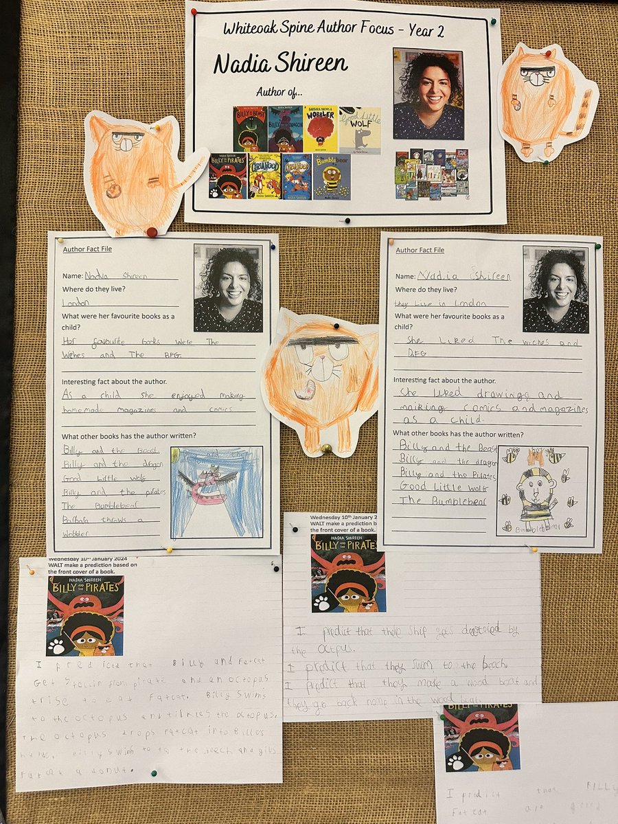 Our year 2 display inspired by @NadiaShireen our focussed author.. The children learnt all about Nadia and some of the other books she has written, then they drew their own Fat Cats! @OpenUni_RfP @WhiteoakNailsea
