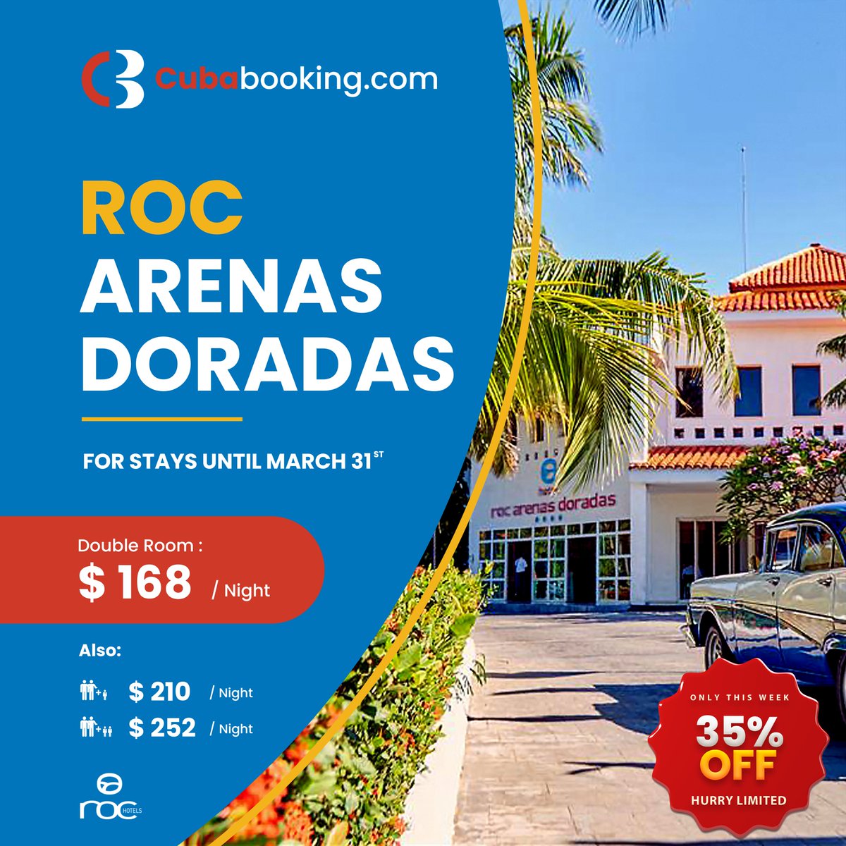 Are you looking for the best places to book? Well , it is easy ! Check this Post!
Cubabooking offers the best deals!
#ROCArenasDoradas #Varadero
#cubabookingexperience #SpecialOffer
cubabooking.com