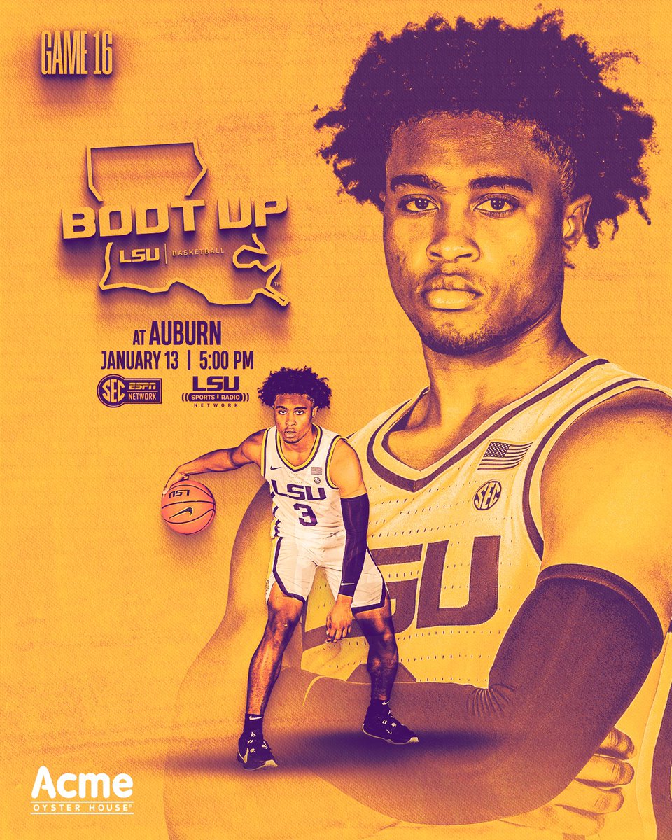 LSUBasketball's tweet photo. LSU travels to take on No. 16 Auburn Saturday night at 5 p.m. CT on the SEC Network!

🔗 https://t.co/viodxWQymd | #BootUp https://t.co/xbbqXhwB7I