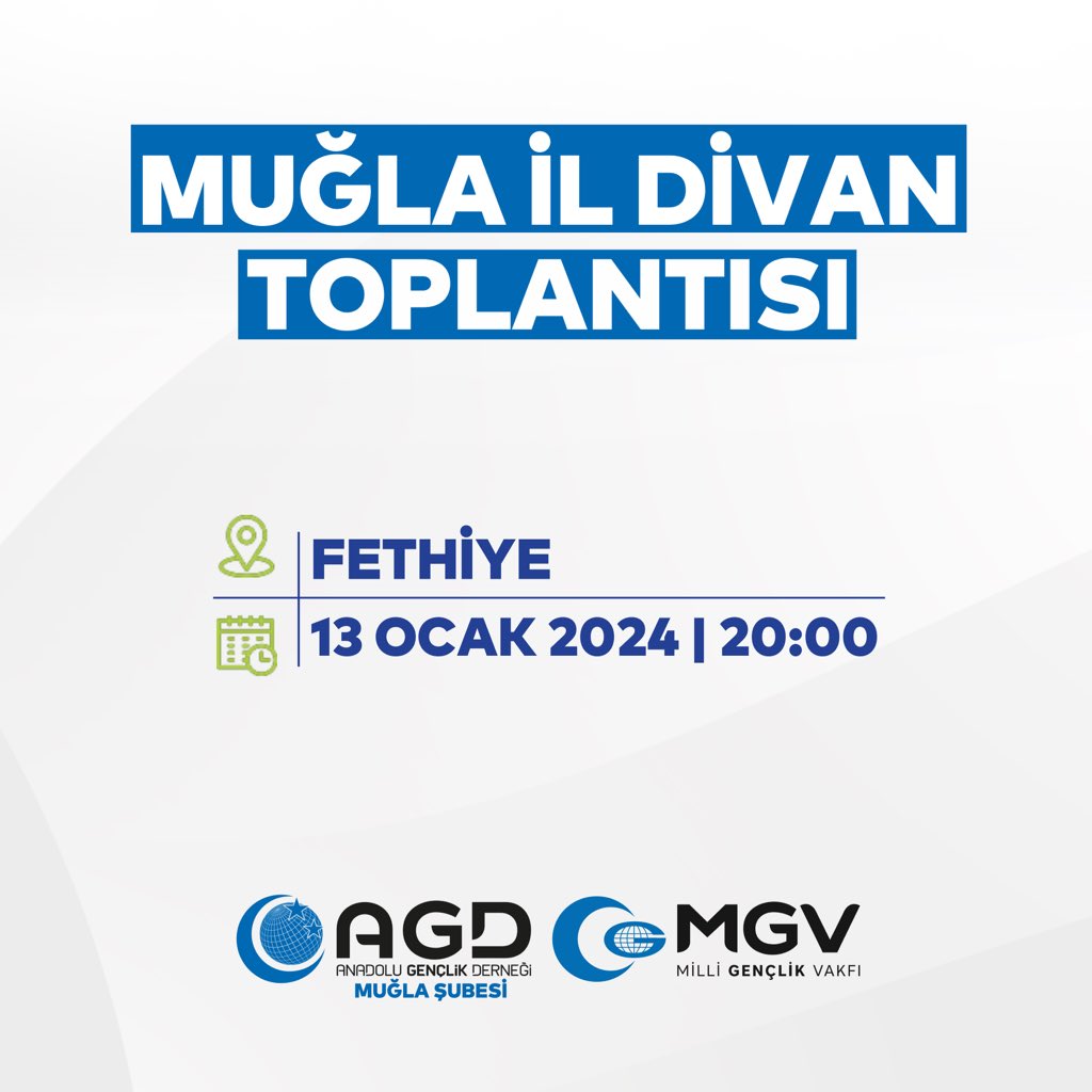 MuglaAGD's tweet photo. 📌Muğla İl Divan Toplantısı

🗓️13 Ocak 2024 Cumartesi

🕗20.00

📍Fethiye https://t.co/tNLzQbghTU