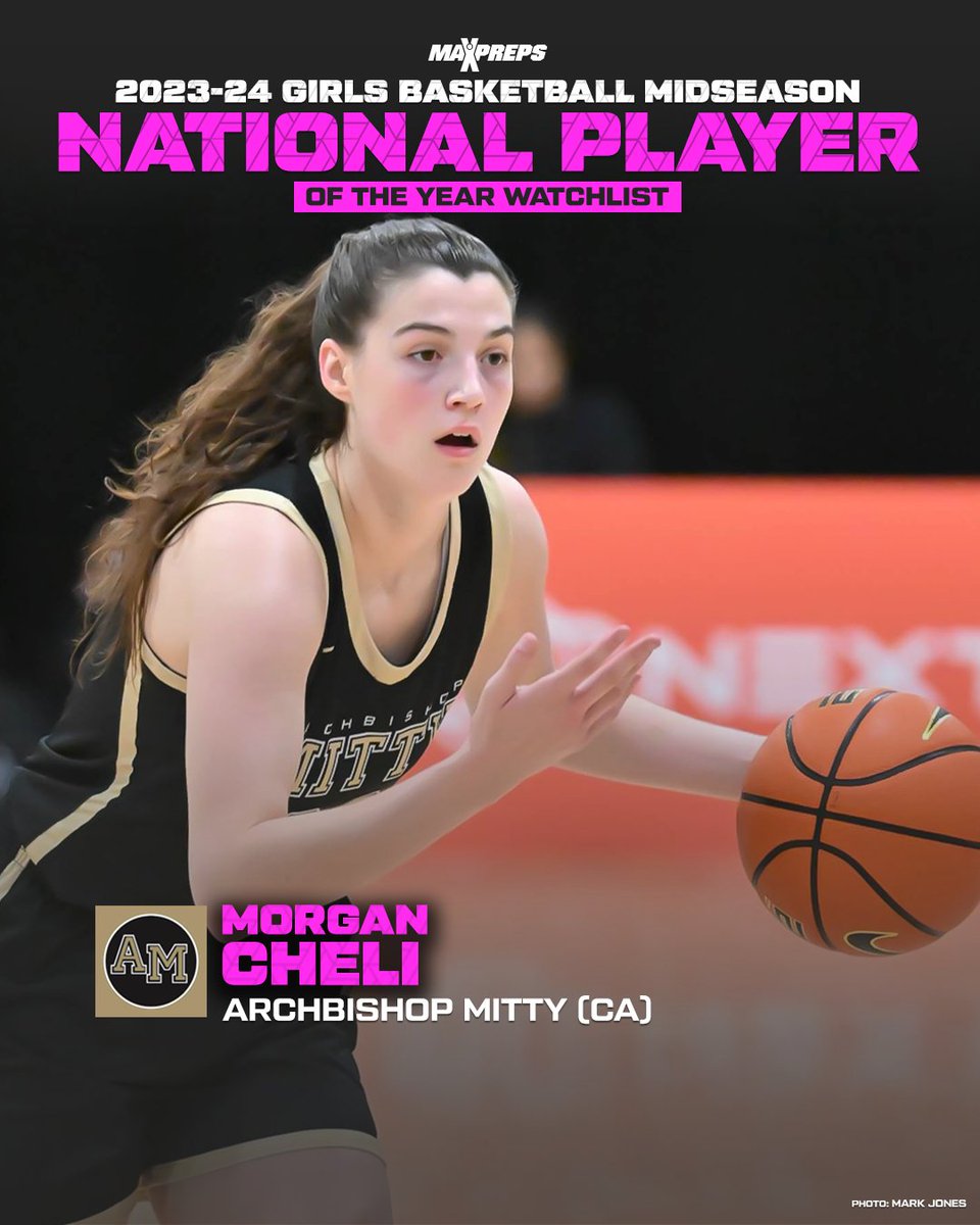 MaxPreps's tweet photo. Morgan Cheli of Archbishop Mitty (CA) is on the MaxPreps National Player of the Year watch list after averaging 17.1 points, 6.4 rebounds and 10.1 assists per game this season. 🏀 🏆

FULL WATCH LIST ⬇️
https://t.co/lZNQ1Lwwbw https://t.co/PJ04BV2i6V