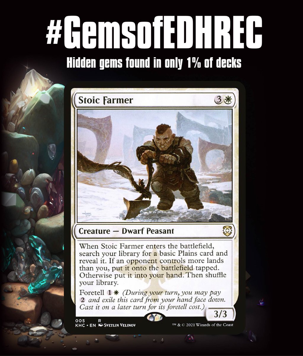 edhrec's tweet photo. In honor of all the snow we've been getting, today's #GemsofEDHREC goes to Stoic Farmer.
This gets you a land to play if you're behind, or ensures your next land drop if you're at parity. Add in flickering and you can build your very own Tithe at home. https://t.co/FBN7p5BWcN