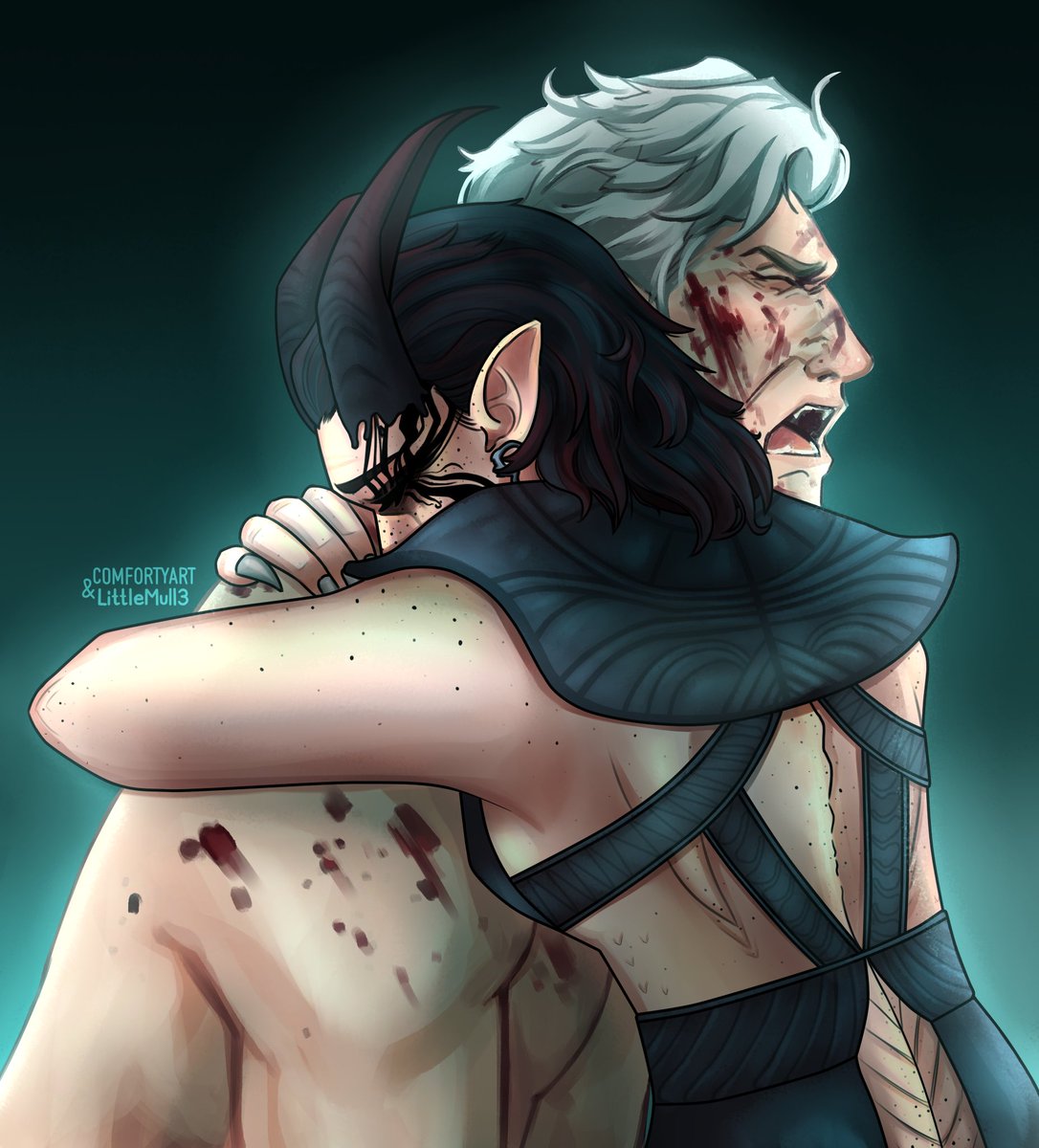 LittleMull3's tweet photo. I needed to draw this, I HAD TO 😭 He gets all the hugs 🫂
#BaldurGate3 #BG3 #BG3fanart #Astarion 
 Astarion drawn by @COMFORTYART 
Tav drawn by me https://t.co/WjxhYooxK0