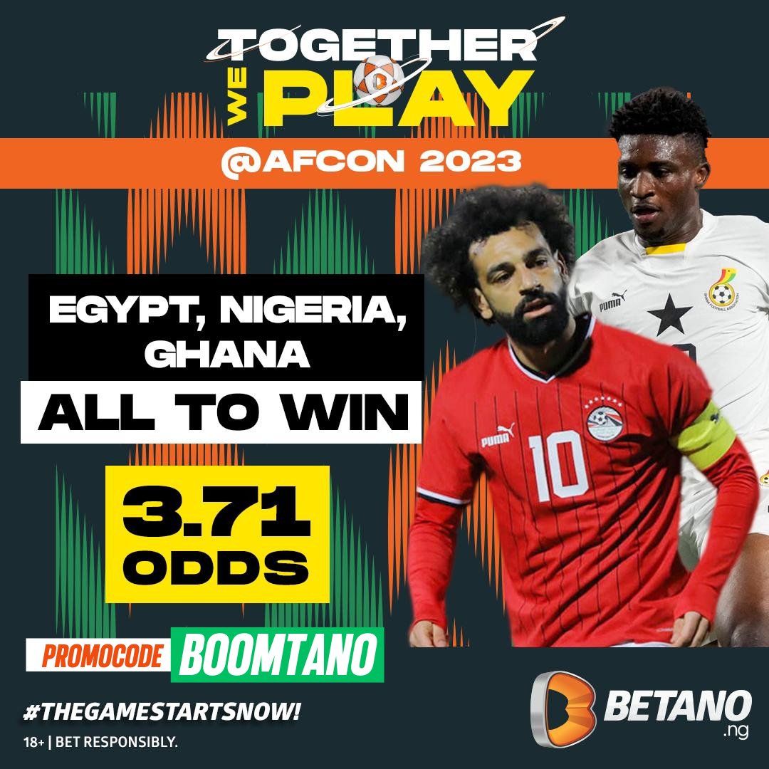 #AFCON2023 kicks off Tomorrow and we've got some Enhanced Odds on BETANO 👏🏽

Click here >> bit.ly/3t1DNc6 to Register and Place Bets

Use BOOMTANO as Promo Code to enjoy a 200% Welcome bonus.

Gamble Responsibly 🔞

#TheGameStartsNow!