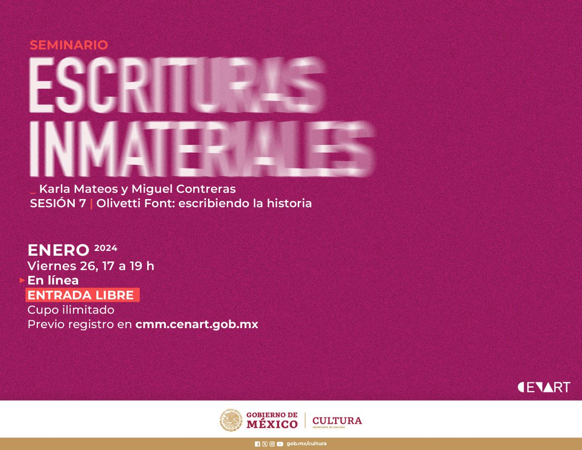 cmm_cenart's tweet photo. 📚 Nuestro Laboratorio de Publicaciones Digitales te invita a participar en la primera sesión del seminario permanente #EscriturasInmateriales, un espacio para la investigación, el estudio y la reflexión sobre la escritura.
📝Regístrate para participar: https://t.co/WFYynBlvTC https://t.co/kvkBAIqzEs