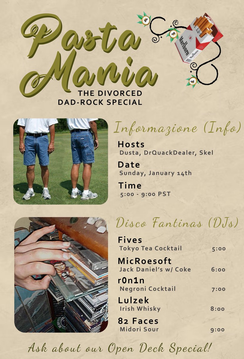 ClubKryptik's tweet image. PastaMania: The Divorced Dad-Rock Special
Join us: Jan 14 5:00 PM PST
Featuring: Fives, MicRoesoft, @DJ_r0n1n, @lulzek, @shadowwulf82 
vrc.group/KRYPTK.5056
Poster by: @skellenaut