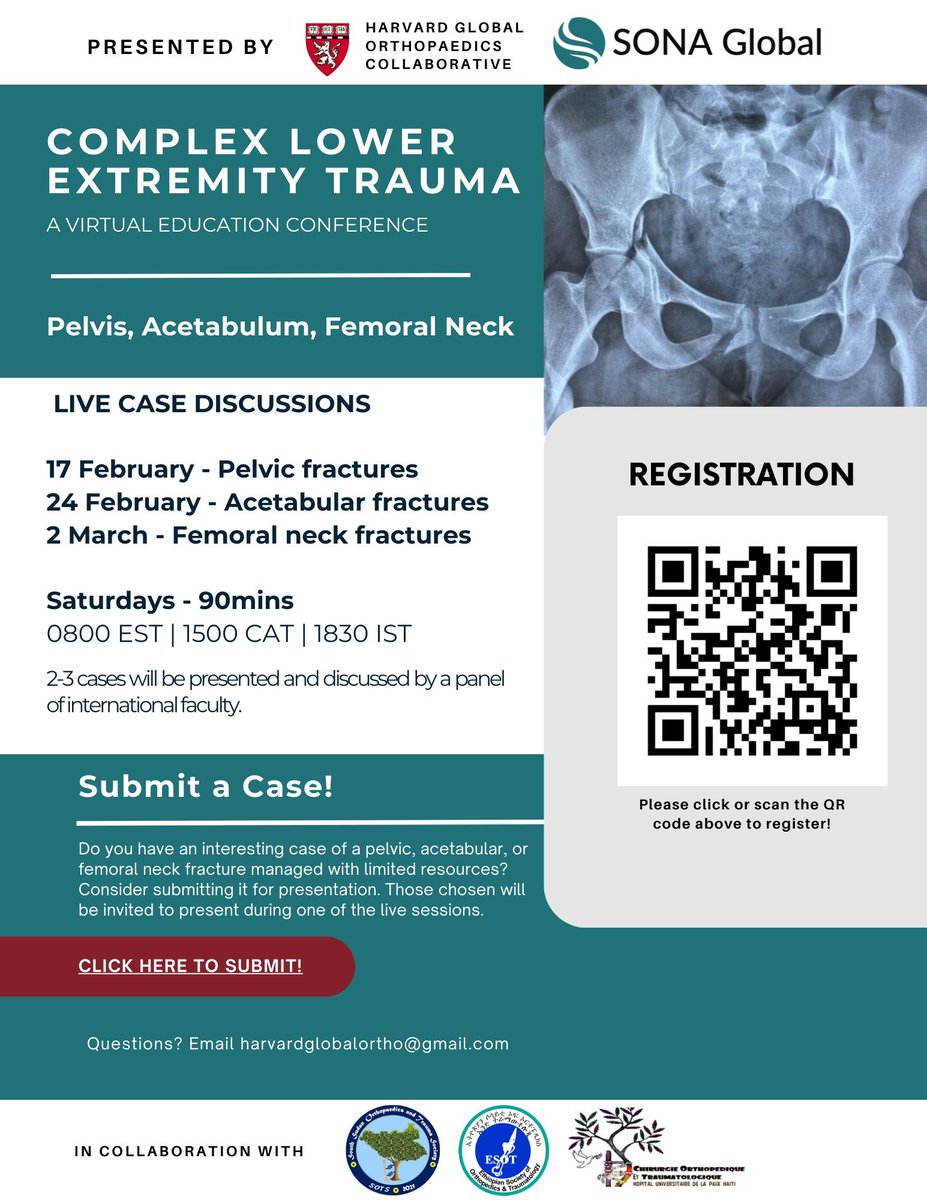 Kiran Agarwal-Harding (@kiranharding) on Twitter photo Please join us for our next <a href="/OrthoGlobal/">Harvard Global Orthopaedics Collaborative</a> & SONAglobal.org virtual conference on Pelvis, Acetabulum, and Femoral Neck fractures!
*Register by 5 Feb*: forms.gle/EVp1QCUH3wt2bN…
*Submit a case by 31 Jan*: forms.gle/DWBTvkxLp518cY… Please join us for our next <a href="/OrthoGlobal/">Harvard Global Orthopaedics Collaborative</a> & SONAglobal.org virtual conference on Pelvis, Acetabulum, and Femoral Neck fractures!
*Register by 5 Feb*: forms.gle/EVp1QCUH3wt2bN…
*Submit a case by 31 Jan*: forms.gle/DWBTvkxLp518cY…