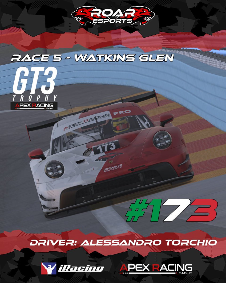 #GT3TROPHY 🔥RACE 5 - WATKINS GLEN

<a href="/ArlEsports/">Apex Racing League</a> con <a href="/A73ssandro/">Alessandro Torchio</a> 🇮🇹 #173

Miralo en <a href="/ApexRacingTV/">Apex Racing TV</a>
youtube.com/watch?v=_WRAhT…

#GoROAR #iRacing