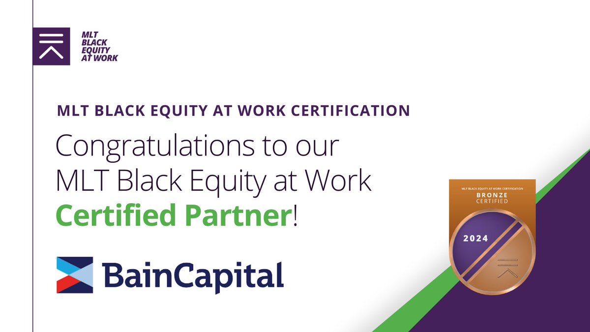 Congratulations @BainCapital for becoming #MLTBlackEquityatWork Certified! This is a huge accomplishment toward improving #DEI in the investment field. We wish you continued success in driving change for your workplace. Learn how you can create a plan at mlt.info/3TZzJEO