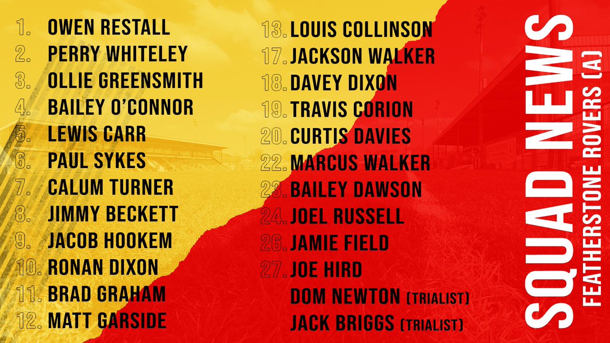 𝗦𝗤𝗨𝗔𝗗 𝗔𝗡𝗡𝗢𝗨𝗡𝗖𝗘𝗠𝗘𝗡𝗧

🗣️ Head Coach Dale Ferguson has announced his squad for the pre-season friendly against <a href="/FevRoversRLFC/">Featherstone Rovers</a>.

👉 bit.ly/48Mu9tu

🎟️ featherstonerovers.ticketco.events/uk/en

#UTR | #RamsFam