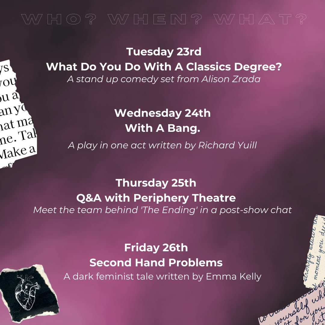 ⭐ ANNOUNCEMENT ⭐

3 out of 4 nights of “The Ending” at <a href="/cockpittheatre/">The Cockpit</a> will have some extra treats for you all! As promised, we present ‘Little Scratch’! 🎉🫀

Wanna see some extra fab emerging artists try out their incredible work? 

Then check this out for more info! ⬇️