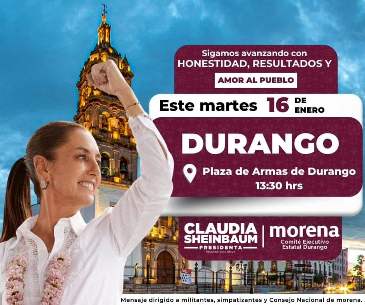 AndresBarbaM's tweet photo. Este martes 16 de enero, estamos emocionados porque Claudia Sheinbaum visitará Durango Capital. 
Es una oportunidad para mostrar nuestro apoyo y unidad. ¡Acompáñanos y demostremos que estamos con nuestra candidata! 🤝 #ClaudiaSheinbaum #Durango
#YoConClaudia https://t.co/CPiNbeY1WW