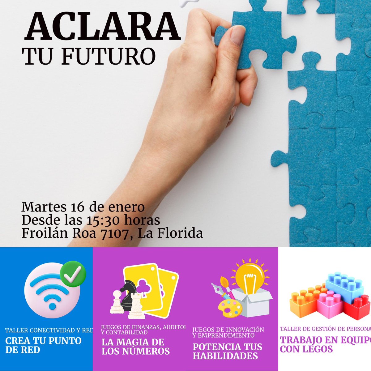 #Admision2024
Taller Gestión de Personas: Trabajo en Equipo con Lego: lnkd.in/eYGW-hzF 
Taller Crea tu punto de red: lnkd.in/emA-V4Pt  
Taller de Juegos de Innovación y Emprendimiento: lnkd.in/eGKhW2Yc  
🃏Taller magia de los números: lnkd.in/eqzh4r6r