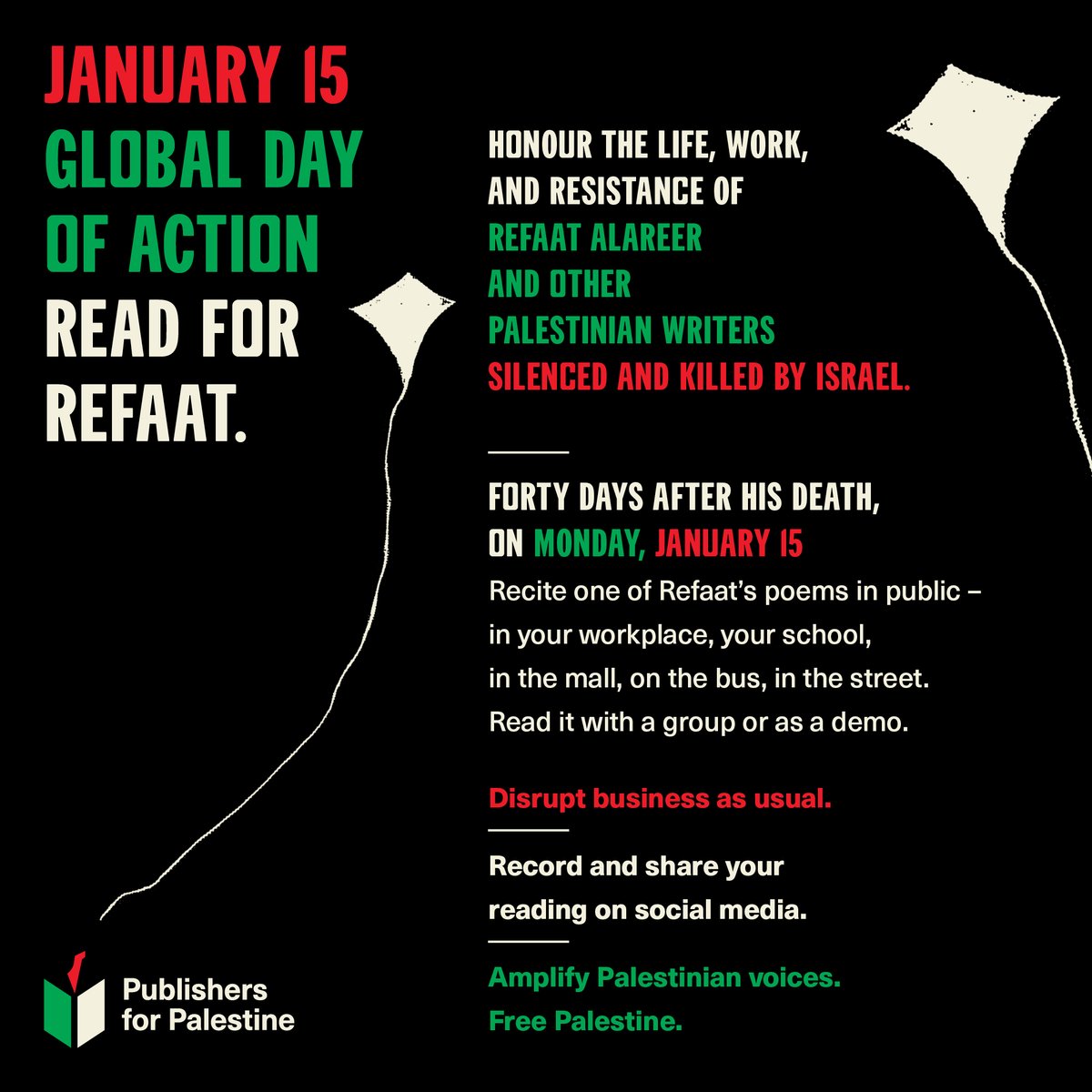 pubforpalestine's tweet photo. On Monday, January 15 #ReadForRefaat. Use poetry to #ShutItDownForPalestine. #LetItBeATale #ReadAndResist #ReadPalestine #FreePalestine https://t.co/kEXbslOzu9